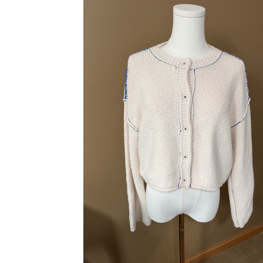 Anthropologie Pilcro Sample Cardigan S Cream Blue Contrast Stitch Cropped 2025